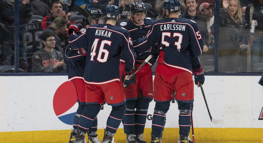 Columbus Blue Jackets players celebrate a goal against the St. Louis Blues at Nationwide Arena.