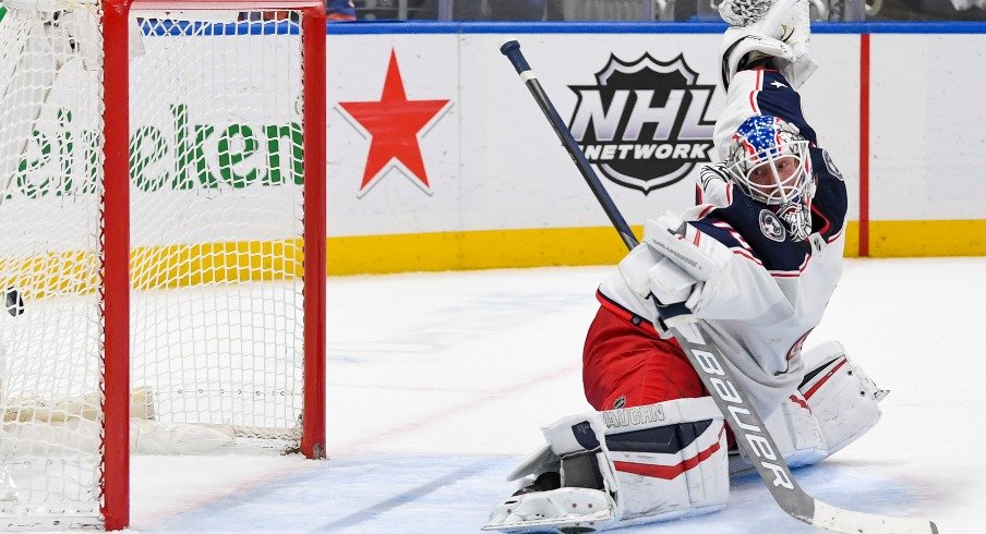 Columbus Blue Jackets goaltender Joonas Korpisalo is unable to stop the shot by New York Islanders center Jean-Gabriel Pageau (not pictured) during the second period at UBS Arena.