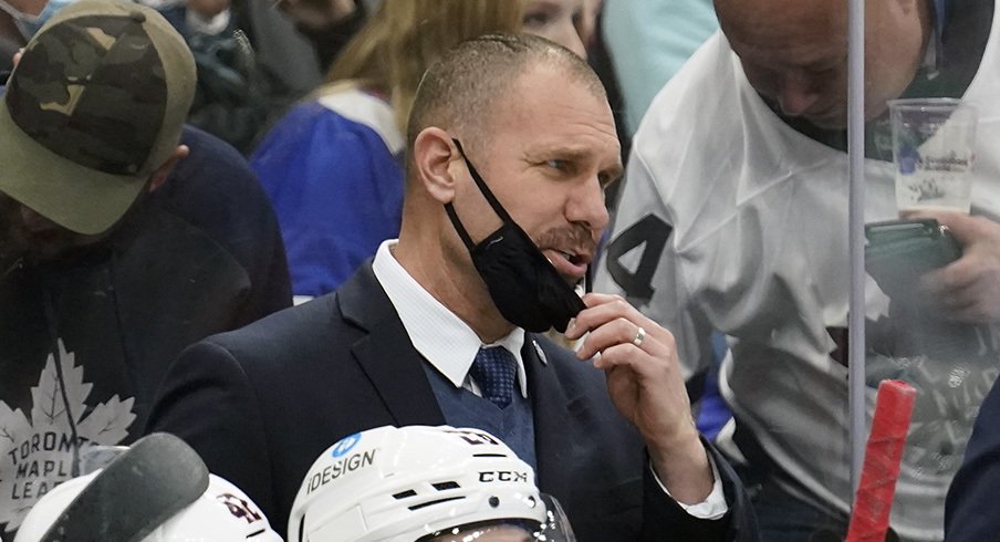 Columbus Blue Jackets head coach Brad Larsen instructs his team during a game at Scotiabank Arena against the Toronto Maple Leafs.