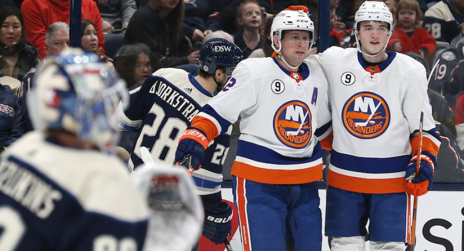 The New York Islanders celebrate a first period goal against the Columbus Blue Jackets at Nationwide Arena.