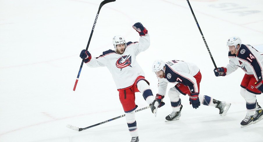 Columbus Blue Jackets forward Oliver Bjorkstrand celebrates his goal against the Winnipeg Jets during the third period at Canada Life Centre.