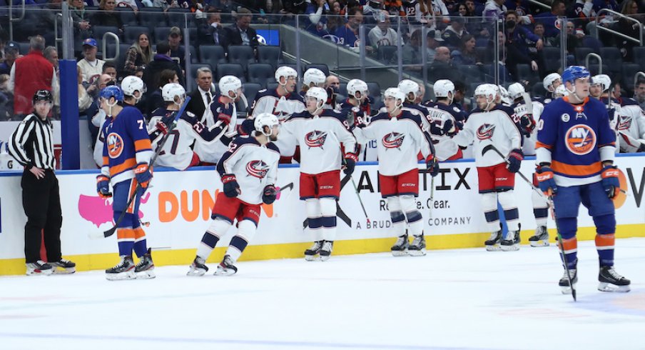 Columbus Blue Jackets' Emil Bemstrom celebrates his second period goal against the New York Islanders at UBS Arena.