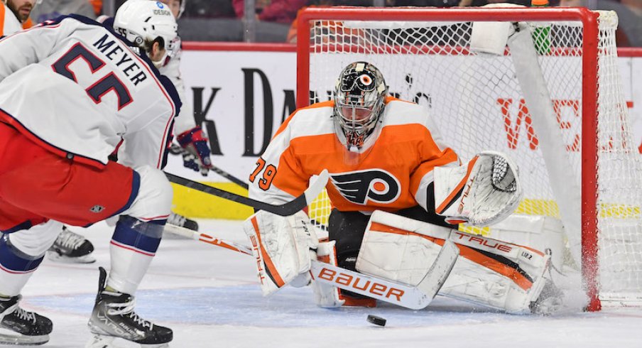 Columbus Blue Jackets' Carson Meyer scores his first career goal past Philadelphia Flyers' Carter Hart in the first period at Wells Fargo Center.