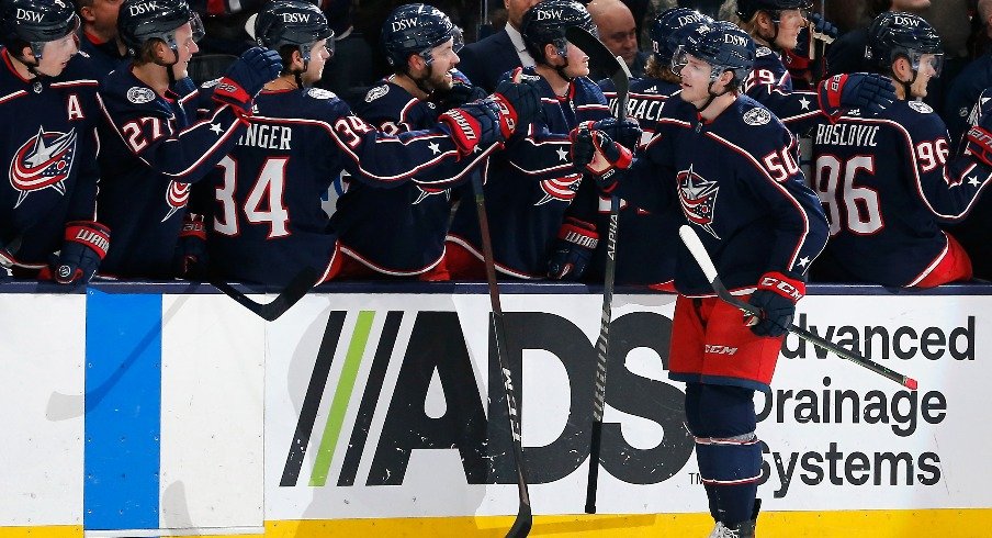 Apr 7, 2022; Columbus, Ohio, USA; Columbus Blue Jackets left wing Eric Robinson (50) celebrates a goal against the Philadelphia Flyers during the first period at Nationwide Arena.