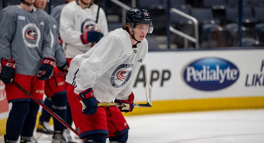 Kent Johnson takes part in his first practice with the Columbus Blue Jackets at Nationwide Arena