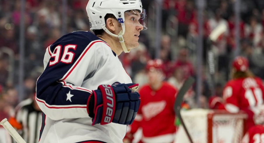 Columbus Blue Jackets' Jack Roslovic celebrates a goal in the third period against the Detroit Red Wings at Little Caesars Arena.