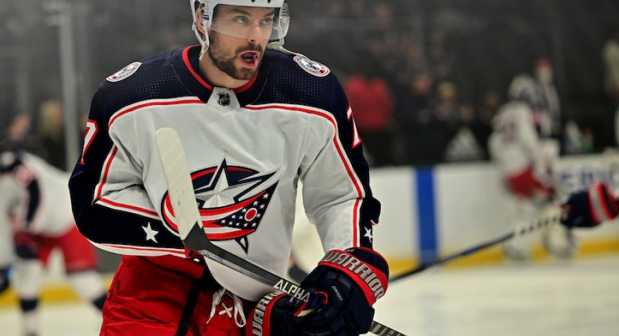 Columbus Blue Jackets' Jack Roslovic warms up against the Los Angeles Kings at Crypto.com Arena.