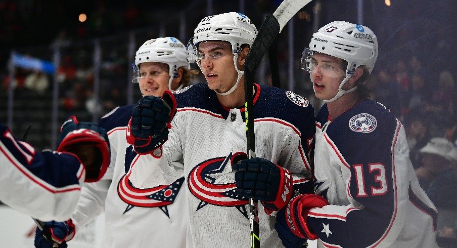 Columbus Blue Jackets defenseman Jake Bean celebrates his goal scored against the Anaheim Ducks during the first period at Honda Center.