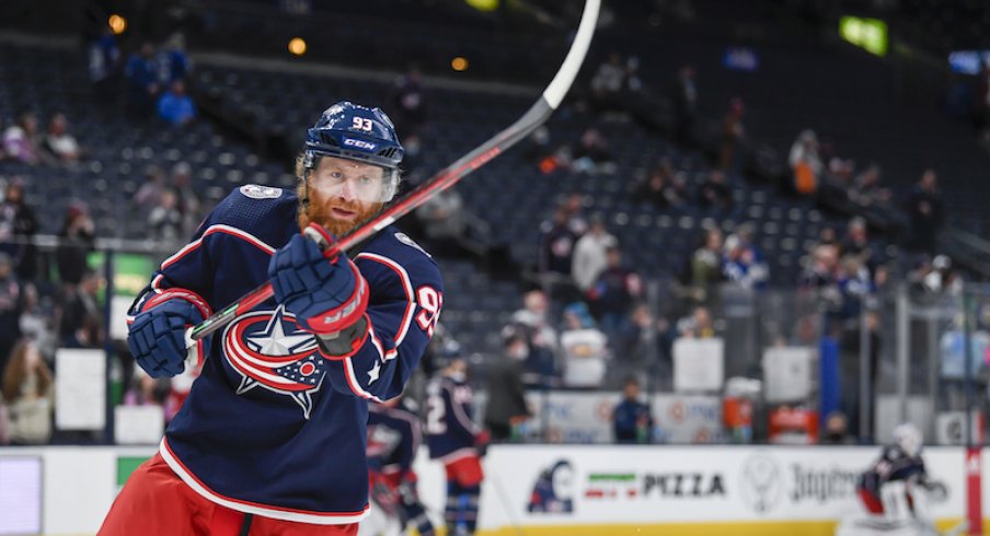 Columbus Blue Jackets' Jake Voracek warms up against the Toronto Maple Leafs at Nationwide Arena.