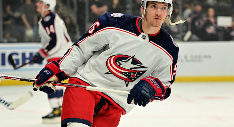 Columbus Blue Jackets' Jack Roslovic warms up against the Los Angeles Kings at Crypto.com Arena.