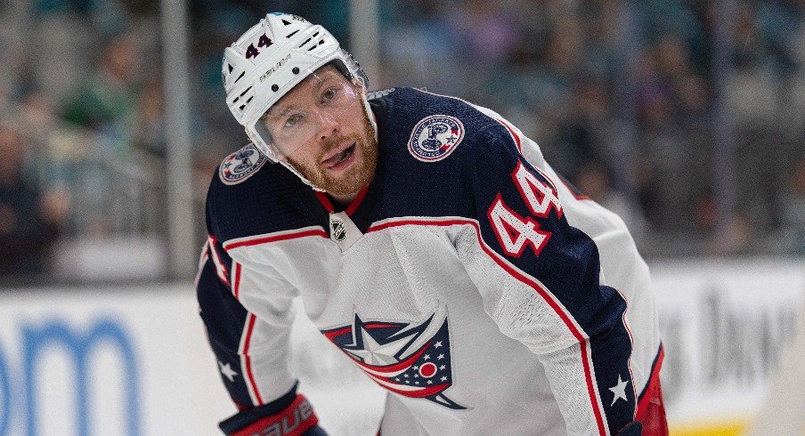 Apr 19, 2022; San Jose, California, USA; Columbus Blue Jackets defenseman Vladislav Gavrikov (44) reacts during the second period against the San Jose Sharks at SAP Center at San Jose.