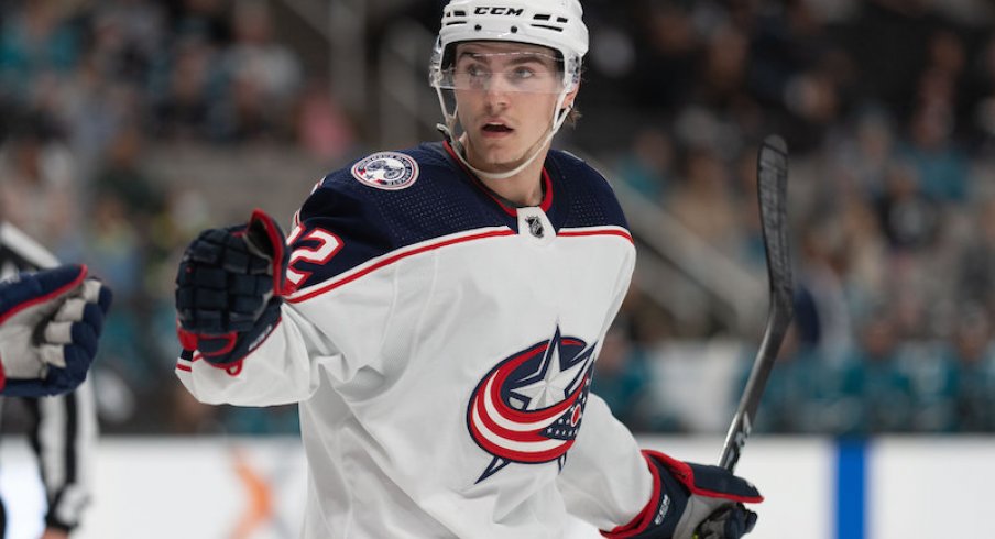 Columbus Blue Jackets' Jake Bean celebrates during the third period against the San Jose Sharks at SAP Center.