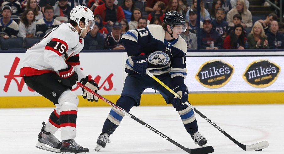  Kent Johnson passes the puck during the second period at Nationwide Arena