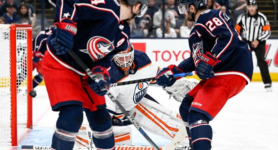 Columbus Blue Jackets right wing Oliver Bjorkstrand scores the tying goal against the Edmonton Oilers in the third period at Nationwide Arena.