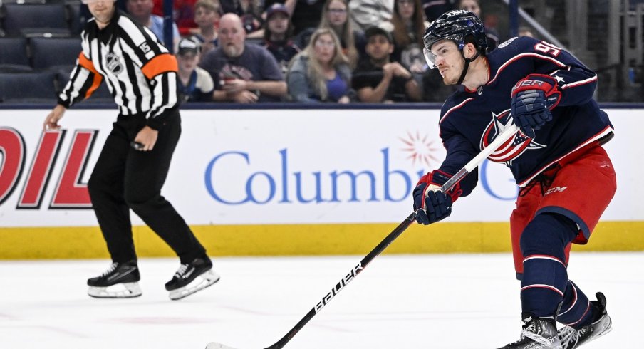 Jack Roslovic shoots and scores against the Edmonton Oilers