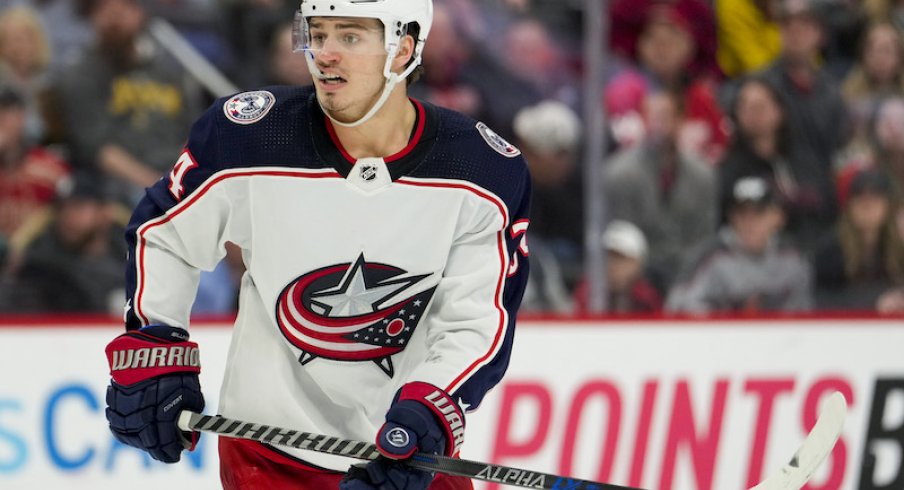 Columbus Blue Jackets' Cole Sillinger on the ice against the Detroit Red Wings at Littler Caesars Arena.