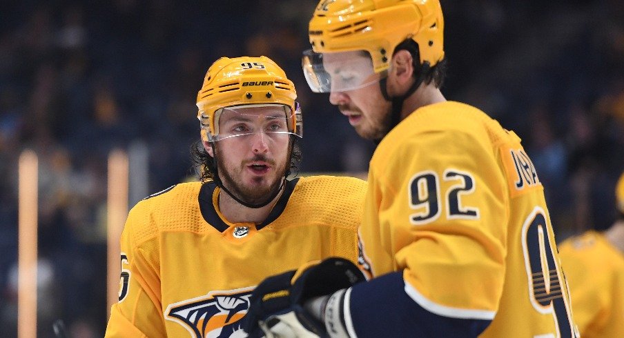 Nashville Predators center Matt Duchene talks with center Ryan Johansen before a face off during the third period against the St. Louis Blues at Bridgestone Arena.