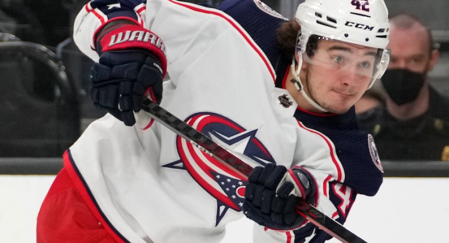 Columbus Blue Jackets' Alexandre Texier shoots during the third period against the Vegas Golden Knights at T-Mobile Arena.