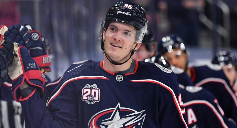 Columbus Blue Jackets center Jack Roslovic celebrates a goal scored against the Detroit Red Wings at Nationwide Arena.