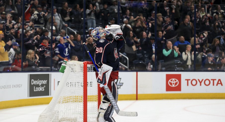 Columbus Blue Jackets' Elvis Merzlikins reacts as time expires against the Tampa Bay Lightning in the third period at Nationwide Arena.