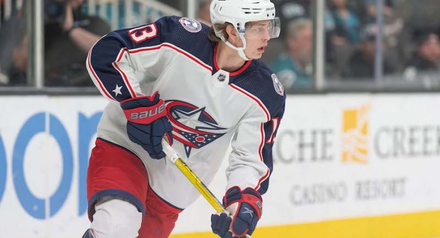 Columbus Blue Jackets' Kent Johnson during the second period against the San Jose Sharks at SAP Center at San Jose.