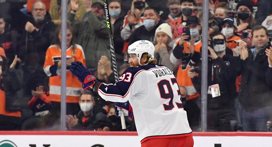 Columbus Blue Jackets right wing Jakub Voracek acknowledges the crowd in his return to Philadelphia against the Philadelphia Flyers during the first period at Wells Fargo Center.