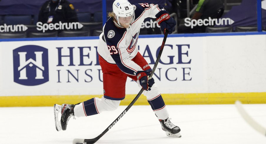 Columbus Blue Jackets' Patrik Laine shoots against the Tampa Bay Lightning during the second period at Amalie Arena.