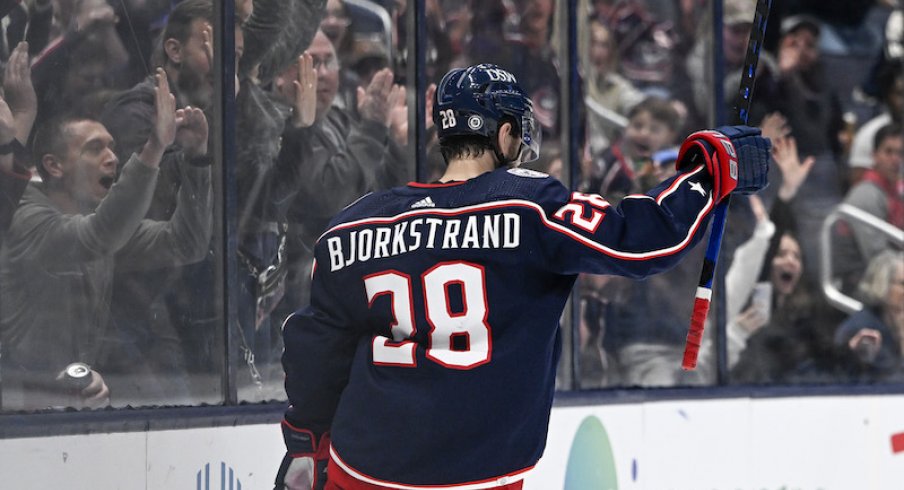 Columbus Blue Jackets' Oliver Bjorkstrand celebrates after scoring the go-ahead goal against the Edmonton Oilers in the third period at Nationwide Arena.
