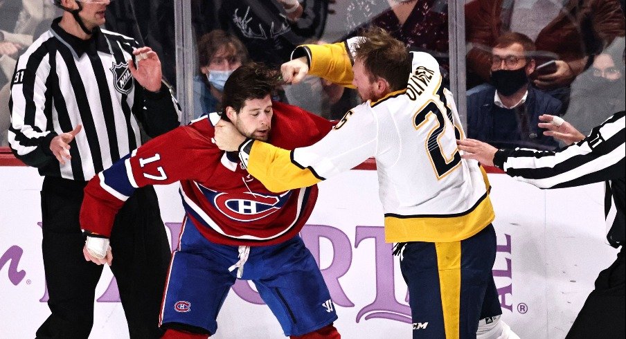 Mathieu Olivier fights former Blue Jacket Josh Anderson in November of 2021.