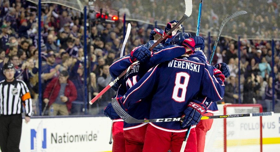 Columbus Blue Jackets celebrate a goal during the first period against the Toronto Maple Leafs at Nationwide Arena.