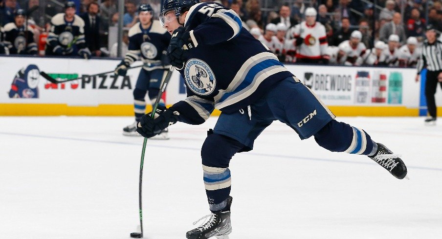 Columbus Blue Jackets right wing Carson Meyer wrists a shot on goal against the Ottawa Senators during the second period at Nationwide Arena.