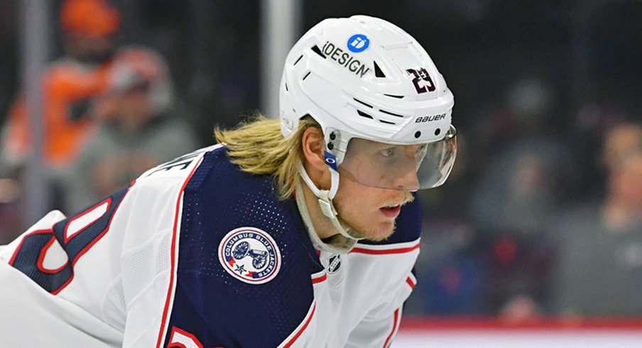 Columbus Blue Jackets forward Patrik Laine gets set for play during a game against the Toronto Maple Leafs.