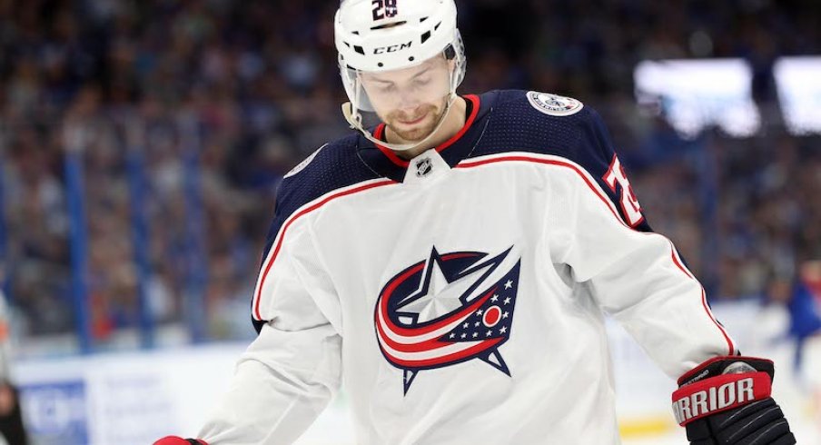 Columbus Blue Jackets Oliver Bjorkstrand looks on from the ice during the second period of game one of the first round of the 2019 Stanley Cup Playoffs against the Tampa Bay Lightning at Amalie Arena.