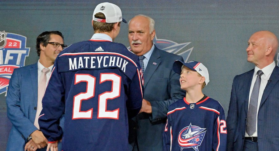 Denton Mateychuk after being selected as the number twelve overall pick to the Columbus Blue Jackets in the first round of the 2022 NHL Draft at Bell Centre.