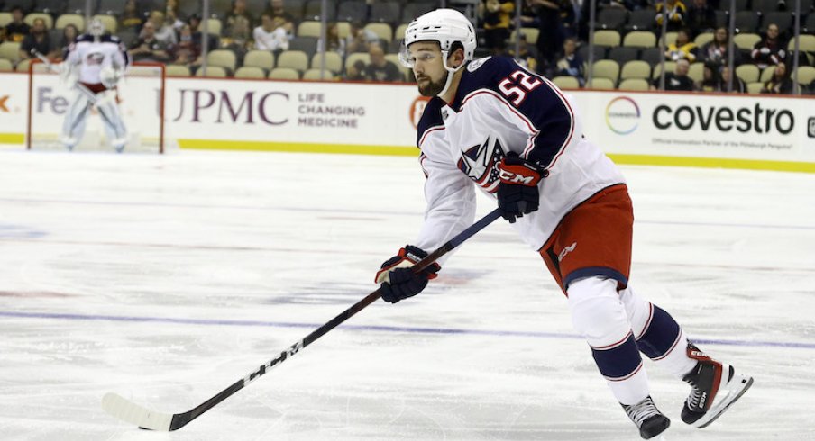 Columbus Blue Jackets' Emil Bemstrom skates with the puck against the Pittsburgh Penguins during the second period at PPG Paints Arena.