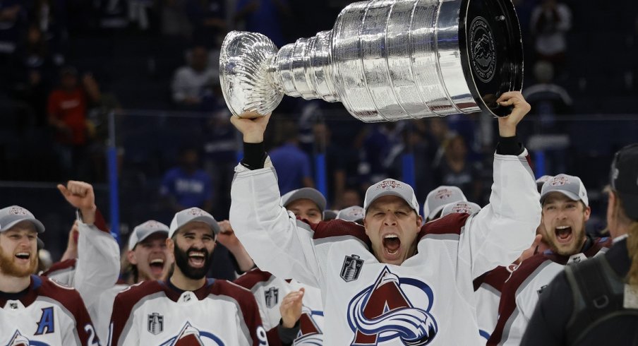 Jack Johnson celebrates winning the Stanley Cup