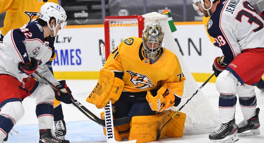 Alexandre Texier and Boone Jenner skate against the Nashville Predators