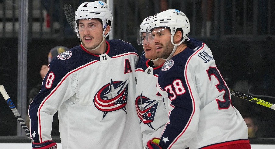 Columbus Blue Jackets center Gustav Nyquist celebrates with Columbus Blue Jackets defenseman Zach Werenski (8) and Columbus Blue Jackets center Boone Jenner after scoring a first period goal.