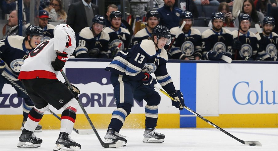 Kent Johnson skates against the Ottawa Senators