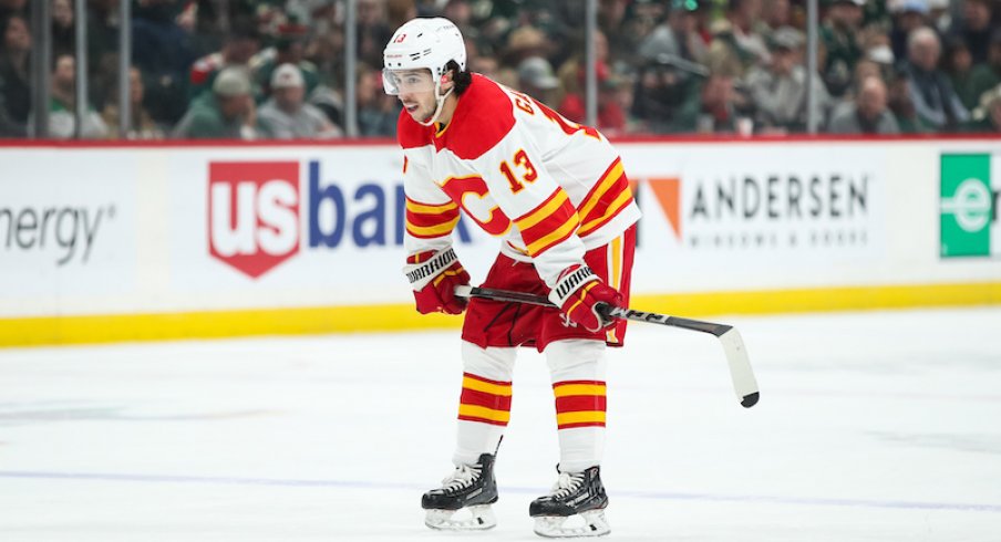 Calgary Flames' Johnny Gaudreau looks on against the Minnesota Wild in the first period at Xcel Energy Center.