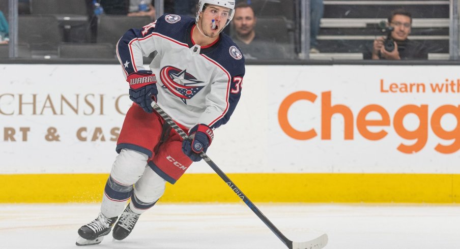 Cole Sillinger skates against the San Jose Sharks