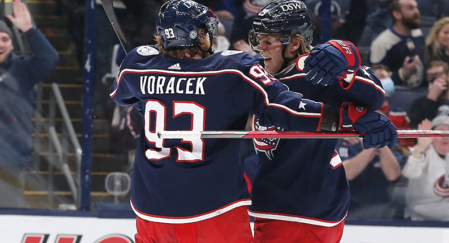 Columbus Blue Jackets' Patrik Laine celebrates a goal against the Florida Panthers during the second period at Nationwide Arena.