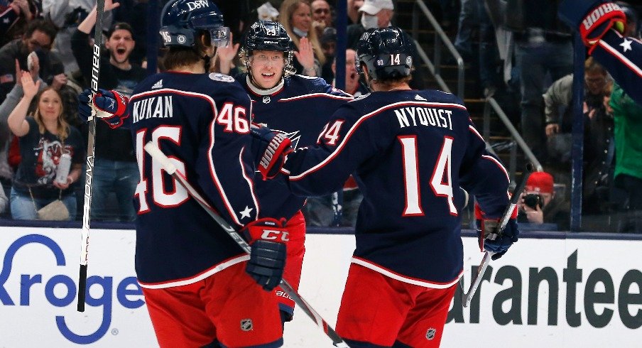 Columbus Blue Jackets center Gustav Nyquist celebrates a goal against the Boston Bruins during the first period at Nationwide Arena.