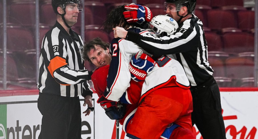 Fight between Montreal Canadiens' Brendan Gallagher and Columbus Blue Jackets' Andrew Peeke during the second period at Bell Centre.