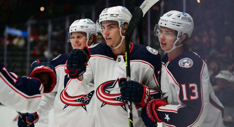 Columbus Blue Jackets' Jake Bean celebrates his goal scored against the Anaheim Ducks during the first period at Honda Center.