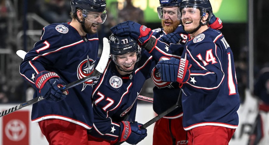 Columbus Blue Jackets' Nick Blankenburg celebrates his first NHL goal against the Edmonton Oilers in the third period at Nationwide Arena.