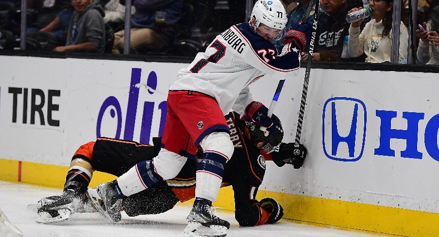 Columbus Blue Jackets defenseman Nick Blankenburg hits Anaheim Ducks right wing Troy Terry while playing for the puck during the second period at Honda Center.