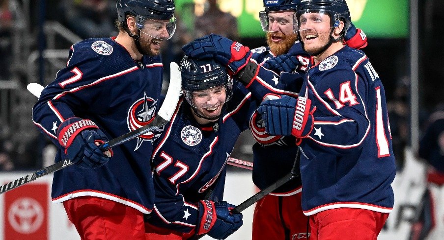 Columbus Blue Jackets defenseman Nick Blankenburg celebrates his first NHL goal against the Edmonton Oilers in the third period at Nationwide Arena.