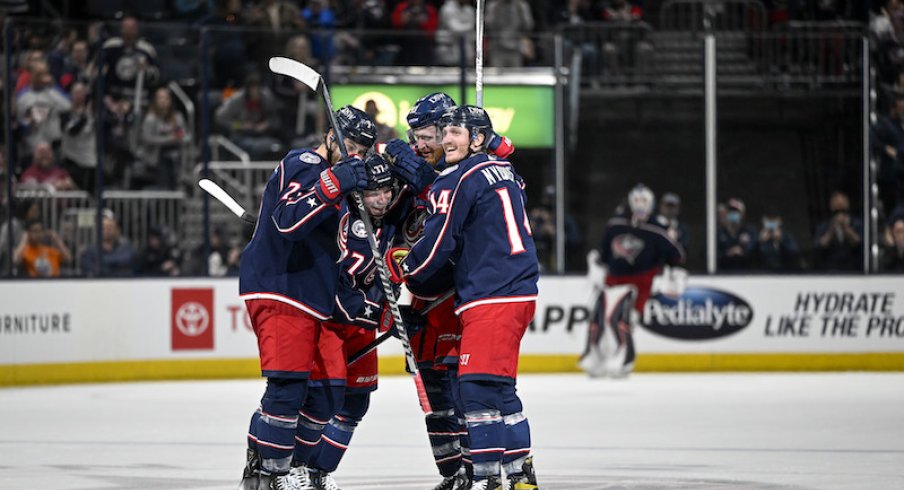 Columbus Blue Jackets' Nick Blankenburg celebrates his first NHL goal against the Edmonton Oilers in the third period at Nationwide Arena.