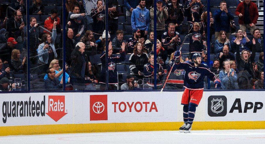 Columbus Blue Jackets right wing Kirill Marchenko celebrates scoring a goal against the Buffalo Sabres in the first period at Nationwide Arena.